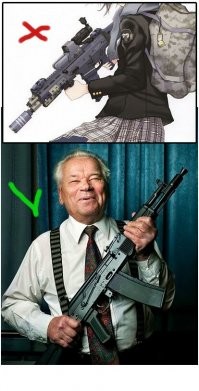 Главное, оружие не держать "как в Америке" прикладом вверх и указательный оттопырить.
Держи АК правильно.