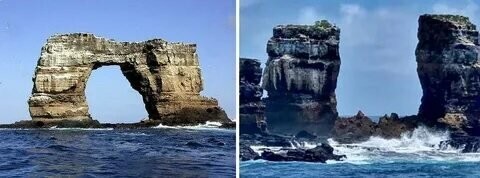 Отчего же не падают? Придёт время и упадут. Эрозия камня дело длительное....