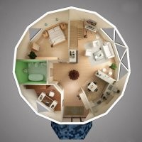 Можно всё красиво распланировать, дизайнеров нанять, но это не практично. Посмотрите на эту планировку. Чтобы прикинуть размер посмотрите на кровать 2м длиной. Получается в доме диаметром 9-10м всё ужато и тесно. В доме 10х10 метров у вас  влезет и кухня нормальная и сауна. Отделка прямоугольника дешевле в 1,5-2 раза. Под круглый дом одни спец профиля и спец материалы, мебель по спец заказу....