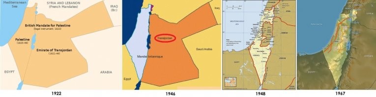 Любителям порепостить левых картинок из говноисточников - идем и гуглим карты и атласы по указанным года, получаем следующие картинки. Причем, можно гуглить как англоязычные, так и русскоязычные - во избежание соплей по поводу "предвзятости":

По порядку -
1) 1922г, самая левая картинка - территория Британского Мандата, выделенная под ЕВРЕЙСКОЕ ЗАСЕЛЕНИЕ решением Лиги Наций. Учим историю, вспоминаем, что Британцы и Французы сидели на всей территории БВ после проигрыша Турции в WWI. На тот момент не было ни совр. Египта, ни Сирии, ни Иордании с Ливаном.

2) Между 22 и 46 годом, британцы таки делят территории и отдают правую часть Абдалле Ибн Хуссейну (двоечники, не учившиеся в школе - валите в гугел, проверять кто это такой)  Левая территория - все еще ПОЛНОСТЬЮ принадлежит евреям решением Лиги Наций. Никаких "палестинцев" или "палестинского государства" там нет - есть отдельные арабские деревеньки, образовавшиеся возле селений евреев (ибо те работу предоставили) и городишки типа Яффо и Акко со смешанным населением. Никаких сведений о "палестинцах".

3) В 1948 году Британия выводит войска, Израиль объявляет о независимости и сразу же вторгаются войска арабов. Получают по щщам, но Египет отжимает сектор Газы, а Трансиордания - Западный берег Иордана. Под давлением стороны прекращают огонь и Египет с Иорданией фактически оккупируют не принадлежащие им земли - границы "67года" никогда не были границами - это была зеленая линия прекращения огня. Что не помешало обеим странам туда заселить отребье и отщепенцев.  В 1967 году арабы снова начинают войну, опять получают по щщам, но в этот раз Израиль отбрасывает их до границ, определенных Лигой Наций в 1946 году. Единственная территория, которую Израиль не ВОЗВРАЩАЕТ из под незаконной оккупации, а аннексирует на правах победителя - Голанские Высоты и Синай, т.к. Сирия с них простреливает весь Израиль до самого моря. Фактически, Голаны - это единственная "оккупируемая" Израилем территория до сегодняшнего дня - Синай Египту вернули в рамках мирного соглашения. 

Что происходит дальше после 1967 года? Египет и Иордания не претендуют на потерянные территории - и не имеют никаких юридических прав на это, если что. НО, при этом - не принимают своих поселенцев, назвав их "беженцами". Появляется ООП (во многом с подачи Союза), которая сначала освобождает "Палестину" от Израиля и от Иордании. Где-то в 1970, иорданские войска вырезают несколько десятков тысяч "палестинцев", после чего ООП на Иорданию бочку катить больше не рискует и фокусируется на Израиле, который пытается строить из себя "гуманиста". ООН начинает использовать конфликт как карту, фокусируя на нем внимание каждый раз, когда нужно это внимание отвлечь от других конфликтов на БВ. Говно-резолюции штампуются нон-стопом, нарушаются международные определения - например, Газа - до сих пор называется "оккупированной территоррией", хотя там нет ни одного еврея уже почти 20 лет, статус "беженца" передается в след. поколения (что противоречит, как бы) и тд. 
Параллельно насаждается версия про "спорные территории", хотя "спорными" эти территории не являлись даже в 1967 году - ни Египет, ни Иордания не вякали и не имели юридических прав это делать. Что не мешает ООН спекулировать этими терминами.

А теперь, малята, посмотрите, как правда, которую вы можете проверить, покопавшись в исторических доках и справках, отличается от бреда, который распространяют в медиа и соц. сетях про "уменьшающуюся территорию палестинцев" - надо совсем деградантом быть, чтобы вот так это хавать за чистую монету, это же история более недавняя, чем победа СССР над Германией. То, как Европа с США эту историю тоже начали переписывать, вам, господа россияне, должно как бы намекать не жрать лапшу, но я смотрю - далеко не все это понимают. 

З.Ы. Повторю - не надо мне верить. Пойдите и погуглите карты по годам. Заодно узнаете, почему в этом регионе границ, показываемых на зелененькой карте-вбросе - просто исторически не могло быть, т.к. большинство государственных границ в этом регионе - под линейку прямыми линиями британцы с французами рисовали, когда делили территории Османской Империи.