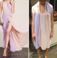 Да сссссска, да как ты его надела! Блин они тупые, или прикалываются просто? 
То, что за голову закинула, нужно вниз опустить, и лямкой подтянуть. Пояс где?! И ноги модельные где?