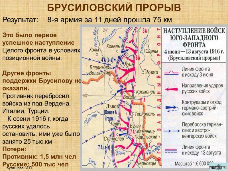 Совершенно верно ....
Красная нить : " ..... другие фронты поддержки Брусилову не оказали ... "
Сам же Брусилов возлагал вину на то  , что данная стратегическая операция результатов  не принесла , 
 возлагал вину на Ставку и на командующих Западным и Северными фронтами .
Кстати ... иль Р.S.  на данный момент уже масса статей ( на текущий день ) , масса статей о том , что Брусиловский прорыв - это заурядная операция ......