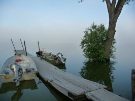 Горизонта нет, но он завален.
Посмотрите на лодку. :)