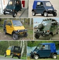 Вот ещё интересный автомобильчик: 


Кинешма. 
Производилось это чудо в славном одноименном городе на реке Волга.

ТТХ:
Кузов: четырехместный, двухдверный, металлический с легкосъемным тентом.
Размеры, мм: 2650х1370х1750 (длина х ширина х высота); база   2050;
колея спереди/сзади   1200/1200;
дорожный просвет   180 (под редуктором);
радиус поворота   3,4 м.
Полезная нагрузка   320 кг.
Трансмиссия: привод на задние колеса поперечно расположенным карданным валом;
Двигатель и коробка передач от мотоцикла Днепр
Подвеска: зависимая, с продольными рычагами и тягами, на пружинных стойках.
Тормоза: барабанные
Рулевое управление: реечное.
Размер шин: 6,70х10
Длинноходная подвеска, большой дорожный просвет, минимальные свесы и широкие "зубастые" колеса придают "Кинешме" неплохие внедорожные качества