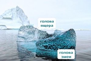 Лёд в форме головы ящера и змеи...
