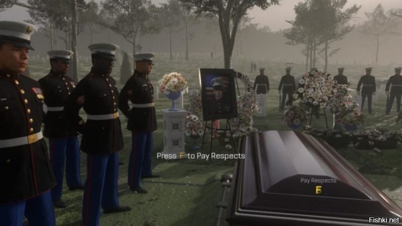 В игре Call of Duty: Advanced Warfare миссия начинается с того, что протагонист хоронит друга. На экране появляется надпись: Press F to pay respects («Нажмите F, чтобы почтить память»).