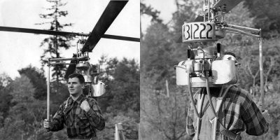 Австрийский инженер Пауль Баумгартл создал ранцевый автожир Heliofly и попытался всучить его сперва спортсменам, а затем и вермахту. Первый вариант не имел мотора вовсе, а был, по сути, планером-автожиром со свободным винтом; у следующих уже имелись двигатели. От всей этой истории не сохранилось даже результатов испытаний, только парочка фотографий.

В 1945 году инженер «Боинга» Гораций Т. Пентекост явил миру первый действующий образец ранцевого вертолёта HX-1 Hoppi-Copter c 20-сильным мотором от мотоцикла. Изделием довольно быстро заинтересовалось командование британских SAS, у которого возникла идея заменить такой штукой десантный парашют. Однако испытания показали, что приземлиться на ноги с 40-киллограммовой бандурой за спиной практически невозможно, а при ударе об землю винт разлетался на десятки стальных осколков, что превращало десантирование с «хоппикоптером» в тот ещё смертельный номер...