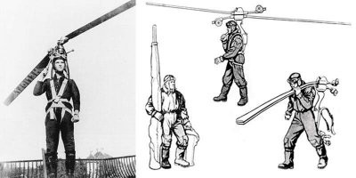 Австрийский инженер Пауль Баумгартл создал ранцевый автожир Heliofly и попытался всучить его сперва спортсменам, а затем и вермахту. Первый вариант не имел мотора вовсе, а был, по сути, планером-автожиром со свободным винтом; у следующих уже имелись двигатели. От всей этой истории не сохранилось даже результатов испытаний, только парочка фотографий.

В 1945 году инженер «Боинга» Гораций Т. Пентекост явил миру первый действующий образец ранцевого вертолёта HX-1 Hoppi-Copter c 20-сильным мотором от мотоцикла. Изделием довольно быстро заинтересовалось командование британских SAS, у которого возникла идея заменить такой штукой десантный парашют. Однако испытания показали, что приземлиться на ноги с 40-киллограммовой бандурой за спиной практически невозможно, а при ударе об землю винт разлетался на десятки стальных осколков, что превращало десантирование с «хоппикоптером» в тот ещё смертельный номер...