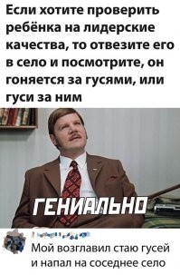 Возглавить стадо гусей и напасть на соседнее село - да, неплохо. Но гениальным будет если ребёнок организует поход гусей одной деревни на соседнее село, а сам в это время будет жрать бабушкины пирожки. Англосаксы всегда так делают.