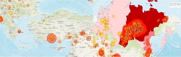 Карта пожаров со спутника. Турция/Россия. Но кремлеботам и просто гнидам, нельзя писать про пожары на Родине.