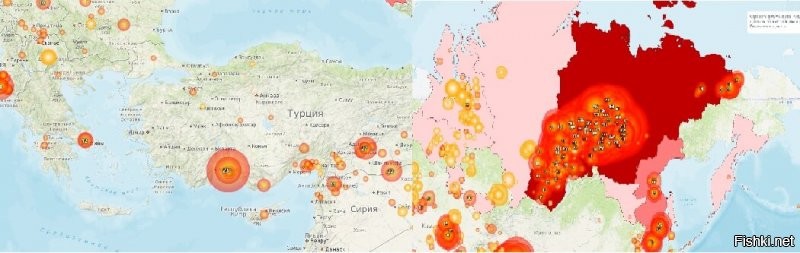 Карта пожаров со спутника. Турция/Россия. Но кремлеботам и просто гнидам, нельзя писать про пожары на Родине.