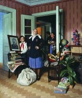 За этой картиной в народе закрепилось совсем другое название - "Ох, как хорошо то, что соседей расстреляли" и на картине просто показаны беспринципные доносчики...что в те годы было, к сожалению, нормой.