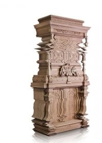 "Деревянный секретер, сделанный как сбой изображения"
----
Во-первых секретер это вид шкафа с откидной дверцей которая может быть использована в качестве стола. Здесь ничего не откидывается и не открывается. Так что это точно не секретер. Это даже не шкаф, просто "элемент декора"
Во-вторых "глитч мебель" делается из картона, а не из дерева.