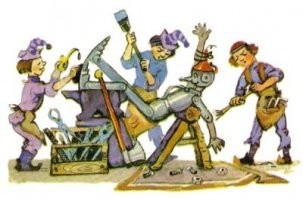 Железный Дровосек  продолжал: - Гингема заколдовала мой топор, он отскочил от дерева и отрубил мне левую ногу. Я пошел к кузнецу, и он сделал мне прекрасную железную ногу. Гингема снова заколдовала мой топор, и он отрубил мне правую ногу. Я опять пошел к кузнецу.  Я потерял руки, и кузнец сделал мне железные. Когда топор отрубил мне голову, я подумал, что мне пришел конец. Но об этом узнал кузнец и сделал мне отличную железную голову....