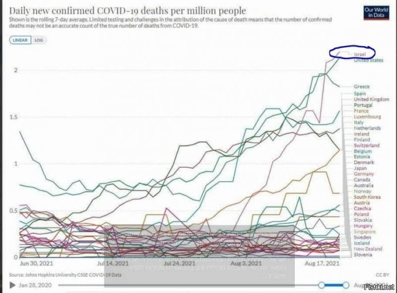 Израиль занимает 1-е место из всех стран, перечисленных на графике - по смертности на душу населения от Covid 19 и даже обогнал США. Израиль - одна из самых вакцинированных стран в мире и единственная, кто повсеместно применяет третью ревакцинацию