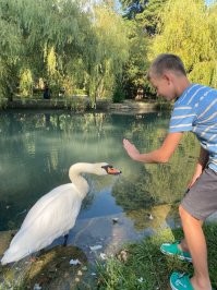 Ладонь перед носом ему ставишь и он не может укусить) вон мой прикалывался
