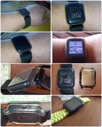 Вы знаете только две марки? :) 

У меня, а примеру, Амазфит Бип. 
Ремешки у них стандартные часовые, шпилька 20мм. 

Можно любой подходящий поставить. 
Например, у меня есть самодельный ремешок из паракорда. :) 

А уж вшить в "нейлоновую петлю" "кармашек" для микрокарты,  вообще не проблема.