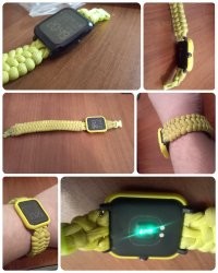 Вы знаете только две марки? :) 

У меня, а примеру, Амазфит Бип. 
Ремешки у них стандартные часовые, шпилька 20мм. 

Можно любой подходящий поставить. 
Например, у меня есть самодельный ремешок из паракорда. :) 

А уж вшить в "нейлоновую петлю" "кармашек" для микрокарты,  вообще не проблема.