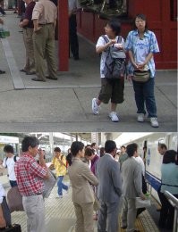 Глянул на свои старые фотки из Японии. Вот люди едят на улице. А вот выходят из электрички с рюкзаками за спиной. Туалетных тапочек мне никто не предлагал. Люди в метро ездят по эскалатору точно так же как в Москве. Дверь в такси была самая обычная. Моего английского вполне хватало. 
Короче, фуфло, а не подборка.