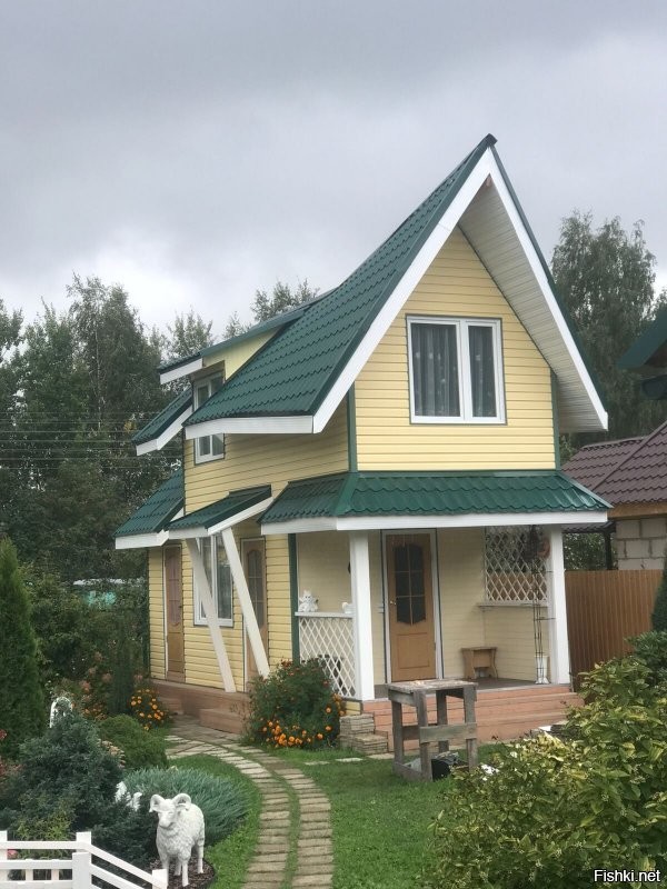 Родителям на даче построил летнюю кухню со спальней на 2 этаже. Наклон крыши с переходом от 40 до 65 градусов.