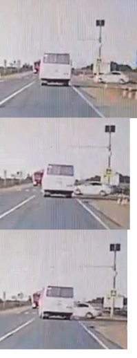 На последнем кадре нет ещё столкновения и в результате рулежки не он въехал в легковую, а она ему в правое переднее колесо