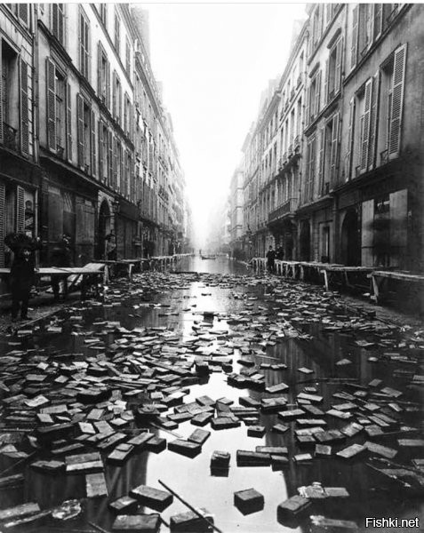 Наводнение в Париже 1910 г. Затопило библиотеку, книги вымыло на улицу.