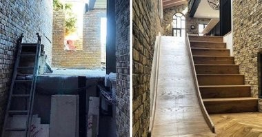 Пример охерительно одарённого дизайнера. Перилами разделить горку и ступеньки он додумается когда сам случайно не туда наступит посреди лестницы и расколотым торцом съедет вниз навстречу врачам из скорой.