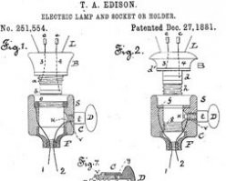 Эдиссон запатентовал цоколь: «винт Эдисона». Патент № 251554 от Dec. 1881.
До этого он получил большой контракт на освещение города и хотел защитить свой бизнес по производству лампочек. Чтобы другие производители не смогли бы поставлять городу свои лампочки.
В дальнейшем он начал патентовать всё подряд. Количество оборотов в цоколе, материал нити и пр.