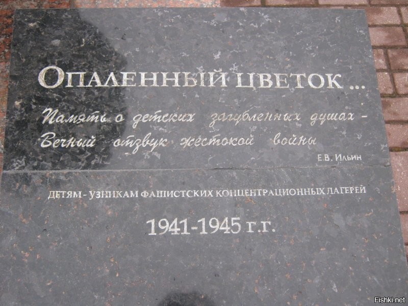 Присоединюсь. К упоминанию книги Николая Печененко "Опалённая судьба"добавлю фото памятника в Смоленске "Опалённый цветок". 
«Опалённый цветок»   памятник детям, узникам фашистских концентрационных лагерей. Автор проекта   Александр Семёнович Парфёнов. Открыт он был 22 июня 2005 г. Скульптор памятника - А.С.Парфенов.
На "листах одуванчика" следующая надпись: "Кальсхорст   Заксенхаузен   Треблинка   Биркенау   Флоссенрбюрг   Дахау   Маутхаузен   Ордруф   Освенцим   Бельцек   <span style='color:gray'>[мат]</span>   Папенбург   Майданек   Собибор   Ашаффенбург   Данциг   Саласпилс   Нойенгамме"
Фото из открытых источников.