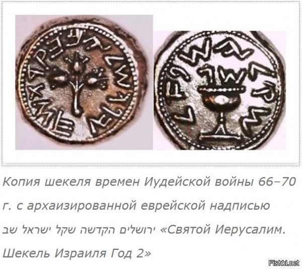 Этих "шекелей" в интернетах болтается как минимум четыре разных варианта







Но упоминаются они как монеты 66-70 годов.



А Циклопедия и Википедия показывают совершенно другие монеты
Бар-Кохбы










Да и в посте - Вы статью прочитать не потрудились? - говорится "Вероятнее всего, она была сделана священником в 68 году", правда, почему-то до н.э.