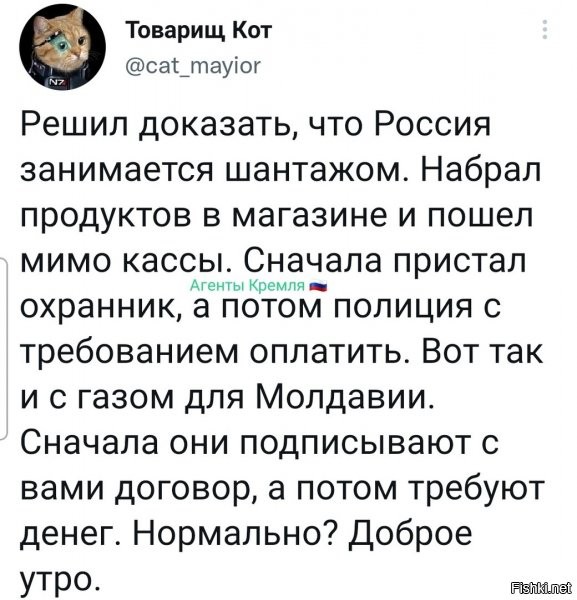 Весь прикол ситуации, что в данном случае (Молдавия - Газпром) "полиция" НЕ будет приставать с требованием оплаты.  Очень даже наоборот, на голубом глазу, эта "полиция" будет убеждать что магазин ОБЯЗАН был к "безвозмездно" взятому вдобавок еще каких-нибудь ништяков навалить.  Ну а деньги... зачем ни вам, не демократично это!