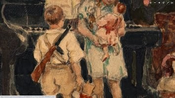 Не очень то похоже на винтовку Мандрагона. Предположу свой вариант: 
Картина действительно была написана в 1904 году в Иркутске, куда он был сослан за отказ идти на войну. Картина была куплена Новосибирским музеем у автора в 1950 году. К этому моменту художник успел слегка подправить в картине какие-то детали.