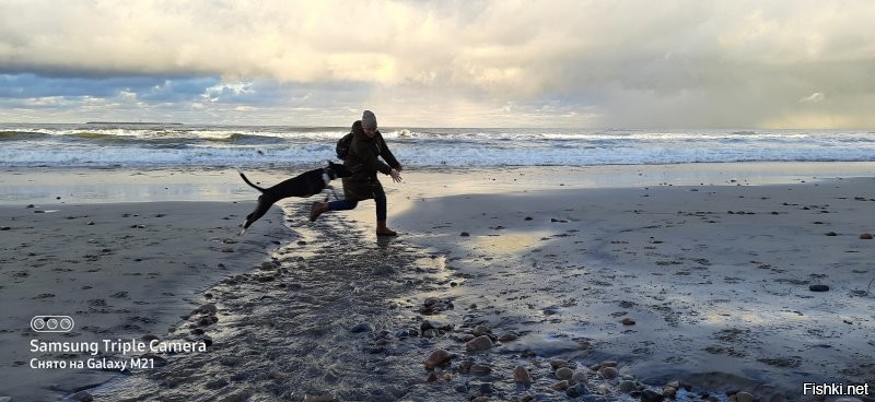 Вот парочка фото из России. Тоже два дня назад. Просто выходной, который совпал с возможностью прогуляться с собаками на море после шторма. Работаю практически без выходных и такая удача бывает именно удачей. Так что  мои радостно прыгающие через речку собаки тоже очень трогательно. Для меня во всяком случае. А чудесное море и небо вообще нечто уникальное в каждом моменте.