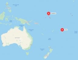 Я тоже раньше не слышал про Ниуэ и Кирибати.
И любопытно (хотя и логично), что они не так уж далеко друг от друга (сравнительно недалеко).