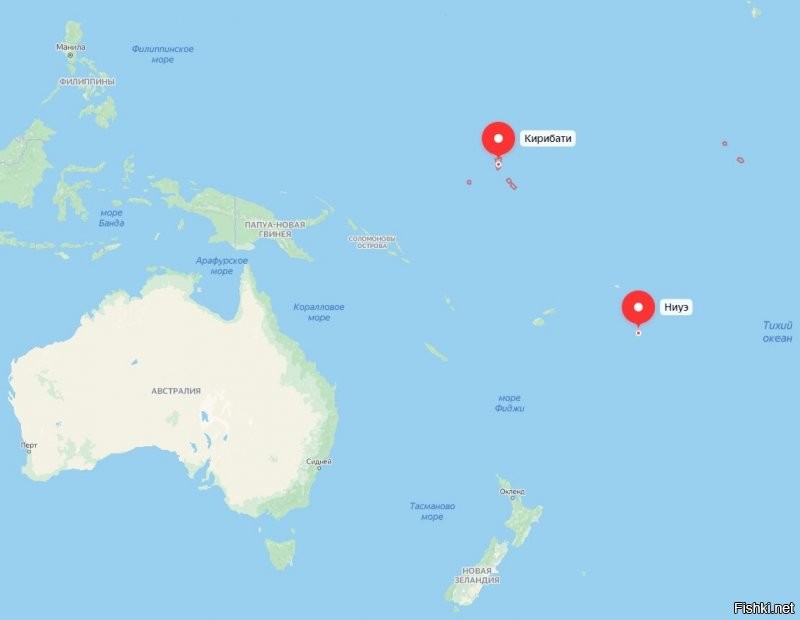 Я тоже раньше не слышал про Ниуэ и Кирибати.
И любопытно (хотя и логично), что они не так уж далеко друг от друга (сравнительно недалеко).