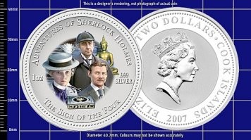 Монетный двор Новой Зеландии выпустил для новозеландского владения   Островов Кука (Cook Islands)   серию из четырёх серебряных монет, посвящённых героям популярного советского киносериала о Шерлоке Холмсе, снятого на студии «Ленфильм» в 1980-х годах. На монетах запечатлены образы российских актёров: Василия Ливанова и Виталия Соломина, сыгравших Шерлока Холмса и доктора Ватсона в знаменитом фильме.