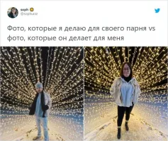 Не считая кадров где смазы, нет фокуса и т.д.  не особо понимаю негодование. Либо девушки сами так позируют (например где она на море лежит на воде, а парень стоит на берегу - очевидно она сама попросила ее сфоткать так). Там где она страуса кормит, а парень лежит на диване - тоже совершенно разные фото, к чему их вообще сравнивать?
А на этой я вообще не понимаю сути претензий, по моему они друг друга одинаково сфоткали. Что не так?