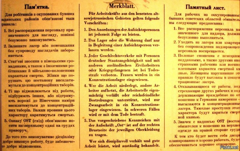 Тут, похоже, полный Коля Уренгой головного мозга.

Вот инструкция для остарбайтеров. 

За "половые отношения с немецким подданным" - смертная казнь, для женщин - отправка в концлагерь.


Да, собственно, большинство из угнанных на работы в Германии в трудовых лагерях там и содержались, работая на заводах немецких концернов.

Условия проживания в нацистских лагерях, полагаю, объяснять не нужно.

Тем, кого в качестве рабов выделяли немецким (и не только, кстати, немецким - в оккупированную нацистами Прибалтику на работы тоже угоняли) хозяевам - как повезет. 
Некоторые радовались, что в горячем душе могут мыться, другие - вешались, не вынеся издевательств и унижений.

Примерно треть угнанных - были дети 12-14 лет.  Рабочий возраст считалася для них сначала с 10 лет, потом немцы снизили его до 7 лет.

Всего было угнано свыше 7 млн человек (по советским оценкам). 

А так-то -да,  реклама и тогда работала.