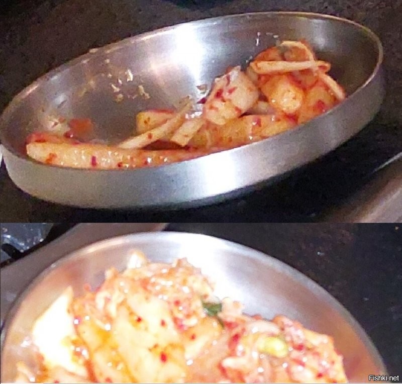 Есть два вида кимчи - из редьки или из капусты.
Извиняюсь за качество снимка - фотографировал не еду, а своих знакомых за столом в корейском ресторане.