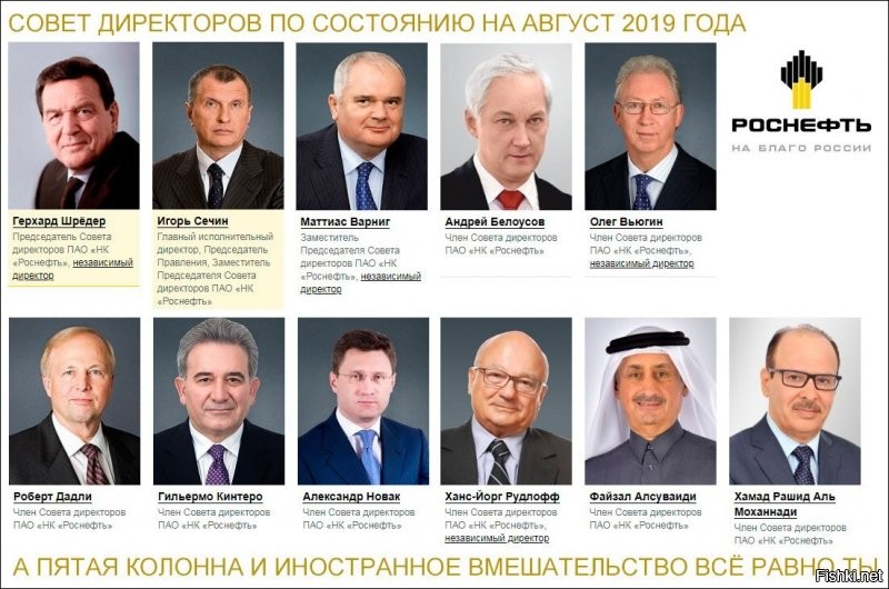 Из списка, что я дал.
Так у нас и с Газпромом все за-ебись.
Только совет совет директоров Роснефти: 
4 человек из пендосии 2 из германии 1 из катера и 4 РФ.
Росатом е-ба-ть я забыл там же работает 80% жителей РФ, а остальные 20% в Газпроме.