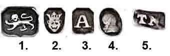 10. “Просветите, что означают эти значки?”
Холлмарки для серебра. Дата, изготовитель. 
Пример:
1. Англия 2. Лондон до 1820г. 3. Дата 1818г. 4. Не знаю, как перевести, Duty mark 5. Изготовитель.