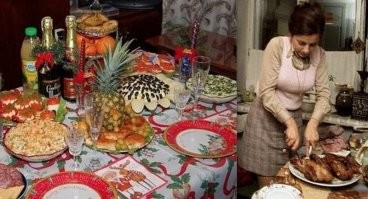 Слева-это не столы СССР.На столе стоит пластиковая бутылка нектара ананас, фирмы Биола, на столе Ананас и маслины, которые появились после 2000-х. Справа дамочка режет курицу - это времена союза. Юбка клетчатая моднявая и выше колен, джемпер,прическа, фартук....капуста, банки на деревянном подоконнике и самый главный показатель-это занавеска беленькая на веревочке и в пол окна.