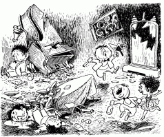 прежде, чем научился читать, иллюстрации Валька были засмотрены до дыр. Самая интересная картинка - постройка ракеты. С друзьями обсуждали какая очередь установки каждого элемента. Еще показательная картинка - журфикс. Сейчас это называют "умеют люди отдыхать". Про персонажа в нижнем левом углу этой иллюстрации мой брат сказал: "- Смотри, дядька написал, и спит в этой луже"