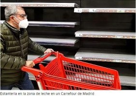 Сейчас посмотрел El Mundo и El País, пишут, что по некоторым позициям дефицит наблюдается. Пустые полки не со всеми товарами, но с молочкой - реально пустые, фотки с ваших порталов.