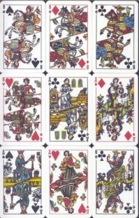 Эти карты, вернее эскизы к ним создал замечательный художник Владимир Михайлович Свешников. У него, кроме этого, есть ещё два мотива: "Рыцарский замок", на тему средневековых западноевропейских миниатюр и "Русский лубок", на тему русских фольклорных картинок.