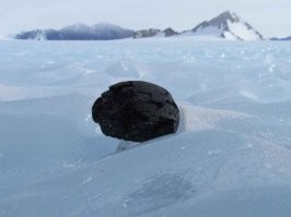 Да просто тут скорее всего это был кусок бОльшего метеора,который вошел под острым углом в атмосферу, развалился, нагрелся, частично сгорел и сильно замедлился, частично остыл. И при этом потерял львиную часть скорости.
Пробив крышу он потерял остаток энергии. Но остался при этом довольно горячим. Отсюда и ожег.
Вот вам еще фото одного из метеоритов найденных в антарктиде. Сопоставимых размеров.
Камешек и камешек. Воткнулся в снег и там и остался. Даже воронки мало мальской нет.
Точнее она конечно была изначально скорее всего. Но потом выветрилась.