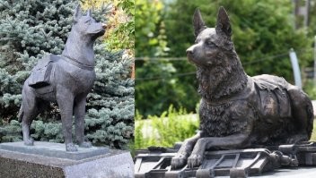 Памятники «Собакам-подрывникам», оборонявшим Сталинград в годы Великой Отечественной Войны, Волгоград (слева). «Фронтовым собакам», Москва.