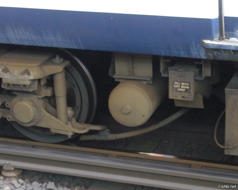 Подающая песок труба, установленная на тележке локомотива