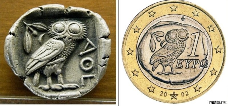 Борборигмус, от греческого вурвуризо - бурчу. Вурвуригмос = бурчание.

Сова - символ мудрости, и одновременнно символ богини Афины, которая, как ни странно, является богиней мудрости. Слева - древнегреческая монета (тетрадрахмон = 4 драхмы) города Афины, названного в честь богини Афины. 400 до н.э. Справа - современная монета 1 евро, которую чеканит Греция.