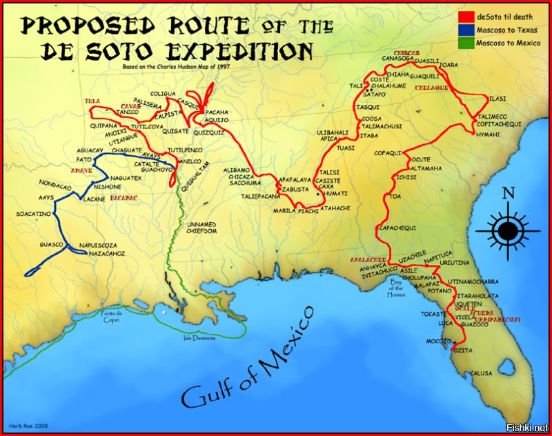 Ну, до кучи в тему - картина "Открытие Миссисипи", карта экспедиции де Сотто и картина "Солдаты де Сотто идут по Алабаме". Упрямый парень был, хоть и очень жестокий. Но первый европеец проникший в глубину Северной Америки.